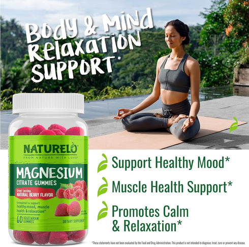 NATURELO Magnesium Citrate Gummies - for Calm & Relaxation Support, Natural Berry Magnesium Gummies, 60 Vegetarian Gummies...
