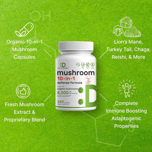 Organic Mushroom Supplement, 8,000mg Per Serving, 240 Capsules – 10 in 1 Defense Formula – Turkey Tail, Lions Mane, Cordyceps, Chaga, & More – Imm...