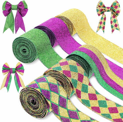 6 Rolls 30 Yards Mardi Gras Wired Edge Ribbon Purple Gold and Green Stripe Ribbon Glitter Metallic Wrapping Ribbon for Mardi Gras Masquerade Party...