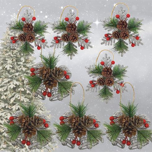 Pinecone Berry Pine Twig Christmas Ornaments - Set of 8 - Glittered Snowflakes and Bells with Pine Cones Greenery and Red Berries - Xmas Décor - C...