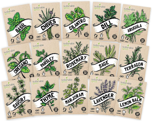 Sustainable Sprout 15 Heirloom Culinary Herb Seeds Variety Pack: Basil,Cilantro, Parsley, Chives,Thyme, Oregano, Dill,Rosemary, Arugula,Tarragon, ...