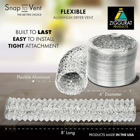 Snap to Vent Aluminum Dryer Hose 4 inch diameter x 8 feet long | Ziggurat Products
