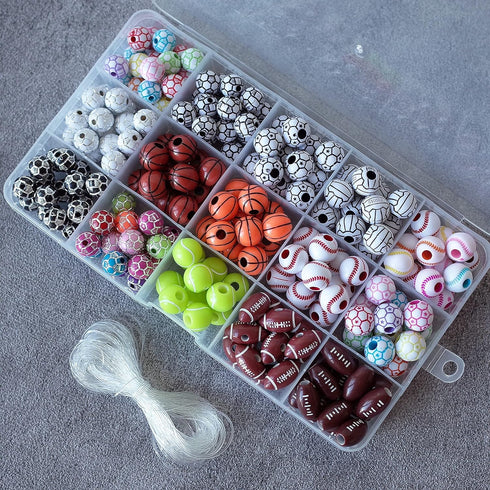 15 Styles Sports Beads Football Baseball Basketball Tennis Volleyball Soccer with 1 Roll of Elastic Rope and a Plastic Box for DIY Bracelet Neckla...