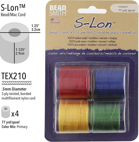 The Beadsmith S-Lon #18 Nylon Cord – Primary Mix – Tex210 Cord, 5mm Diameter, 4-Pack, 77 Yard Spools – for Stringing Beading Crochet, Micro-Macram...