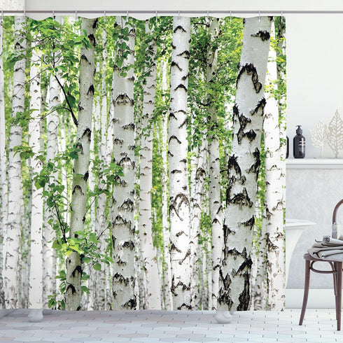 Ambesonne Woodland Shower Curtain, Birch Trees in The Forest Summertime Wildlife Nature Outdoors Themed Picture, Cloth Fabric Bathroom Decor Set w...