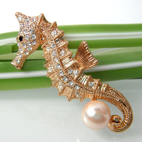 Navachi 18k Gold Plated Multi-Color Crystal Sea Horse Pearl Brooch Pin...