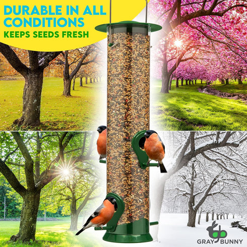Gray Bunny 2 Pack, 12 Inches Tube Bird Feeders for Outdoors Hanging, 4 Feeding Ports, Hard Plastic Feeder Outdoor Weatherproof & Steel Hanger, Bir...