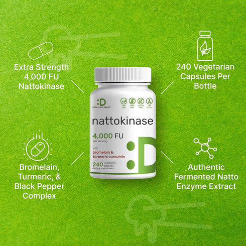 Nattokinase 4,000 FU Per Serving, 240 Veggie Capsules – Bromelain, Turmeric Curcumin, with Black Pepper Complex – Heart Health & Digestive Enzymes...