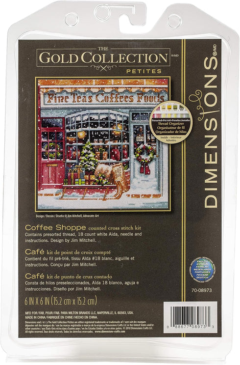Dimensions Gold Collection Small Counted Cross Stitch Kit, 'Coffee Shoppe', 18 Count White Aida Cloth, 6'' x 6'', Black...