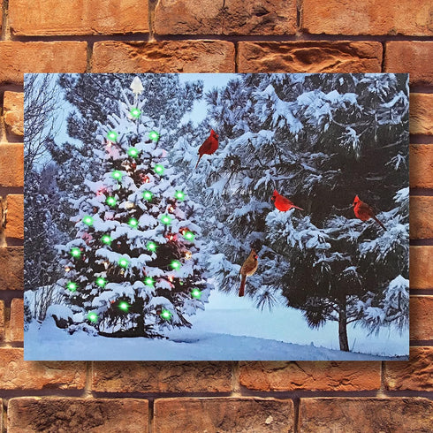 BANBERRY DESIGNS Lighted Christmas Tree & Cardinal Birds LED Canvas Print - Snowy Winter - Forest Pine Trees - Winter Scene Wall Art Measures 15.7...