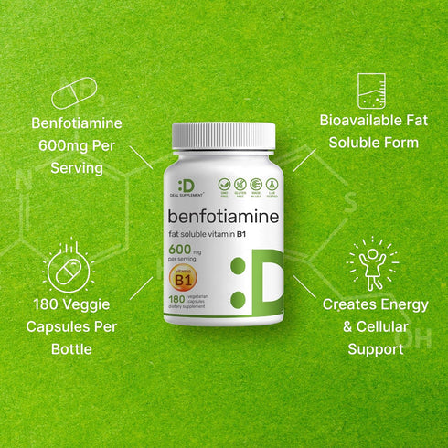 Benfotiamine 600mg Per Serving, 180 Veggie Capsules (300mg Per Cap) – Fat Soluble Vitamin B1 Thiamine Supplement – 3rd Party Tested, Vegan, Non-GM...