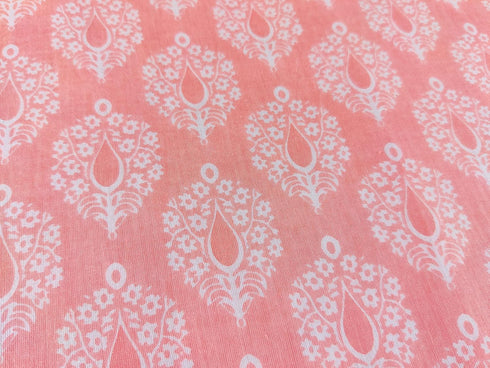 Craftbot Hand Block Print Fabric by The Yard - PRECUT 1 Yard 42 Inch Width - 100% Cotton Material - Light Coral/Peach Floral Pattern - Light Weigh...