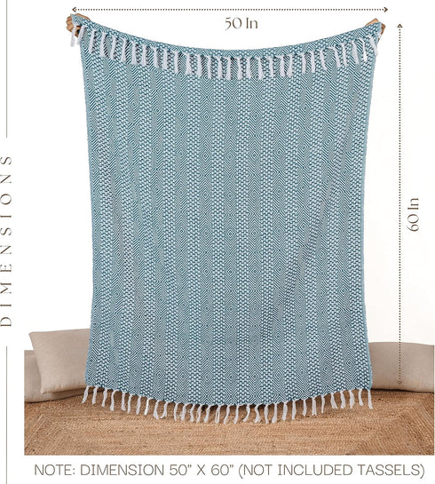 RAJRANG Rustic Throw Blanket with Decorative Tassel Cotton Throws Geometric Woven Soft Patio Comfy Blankets Teal Blue - 50 x 60 Inches...