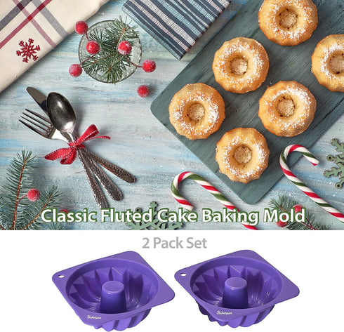 Bakerpan Silicone Small Fluted Cake Pan, 4 3/4 Inch Mini Tube Cake Baking Mold, Fancy Fluted Dessert Mold, Tube Cake Mold for Baking - Set of 2...