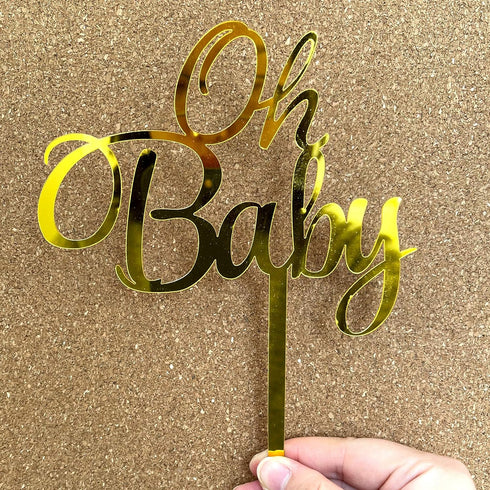 Baby Shower Cake Topper -Larger Size Acrylic Mirror Gold Elegant Handwriting “OH BABY” Sign - Smash Cake Topper, New Baby Gender Reveal Party Cake...