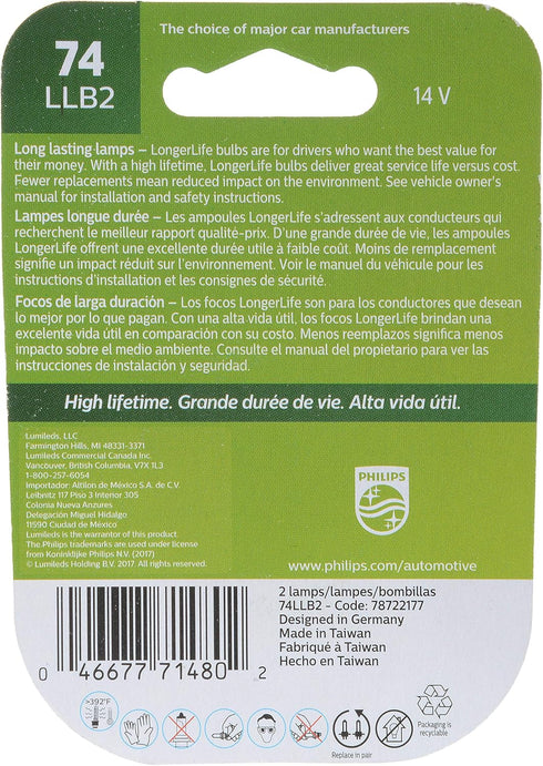 Philips - 74LLB2 74 LongerLife Miniature Bulb, 2 Pack 14V...