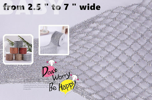 Silver Stretchable Glitter Diamond Mesh Ribbon Wired Ribbon Wide 2.5" to 7" for Christmas Tree,Wreaths Supplies,Home Decor, Gift Wrapping,DIY Craf...