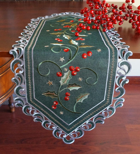 GRANDDECO Holiday Christmas Table Runner, Cutwork Embroidered Floral Holly Berry Dresser Scarf Table Topper for Home Dining Xmas Table Decorations...