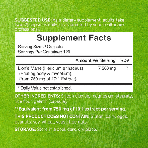 Lions Mane Mushroom Supplement, 7,500*mg Per Serving, 240* Capsules – Active Fruiting Body & Mycelium 10:1 Extract – Natural Brain Nootropic & Imm...