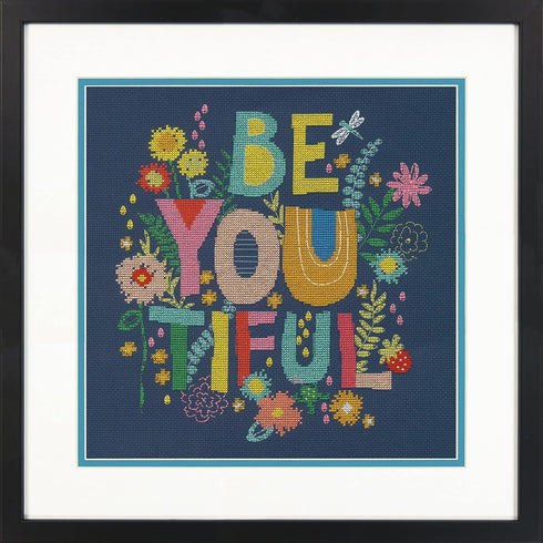 Dimensions 70-35412 Be-You-Tiful Counted Cross Stitch Kit for Beginners, 14 Cnt. Navy Aida, 11" x 11", 4pcs...