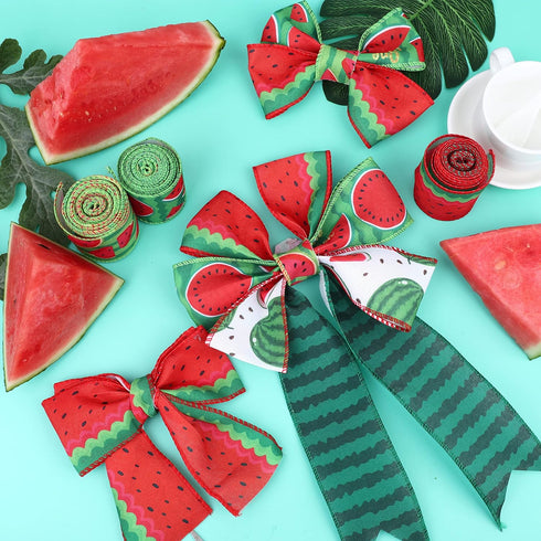 25 Yard Watermelon Wired Edge Ribbons, 5 Rolls Watermelon Print Summer Ribbons Watermelon Slices Plaid Ribbon Stripe Craft Ribbon for Gift Wrappin...