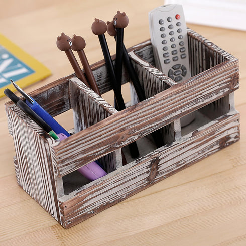 MyGift 3-Compartment Torched Solid Wood Desktop Office Supplies Caddy Pen Pencil Cup Holder Desk Organizer, Makeup Brush Art and Paint Brush Holde...