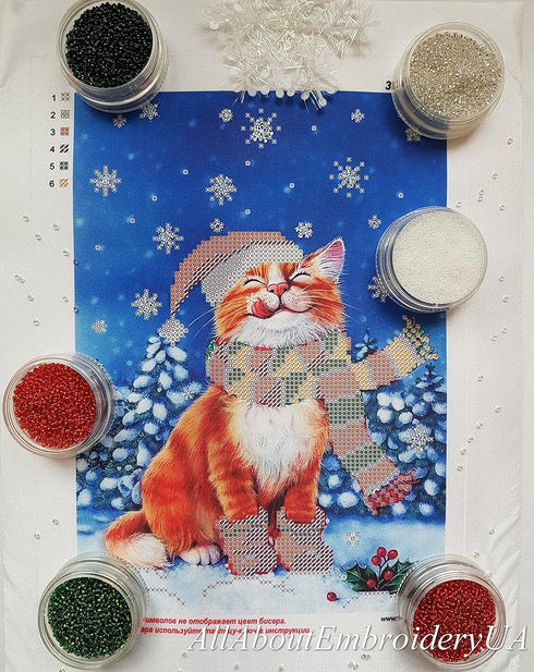 AllAboutEmbroideryUA Bead Embroidery kit Christmas Cat Beaded Cross Stitch kit Needlepoint Handcraft Tapestry kit......