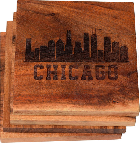 Chicago Coasters, Chicago Skyline Drink Coasters – Chicago Souvenirs & Gifts, Engraved Acacia Wood Coasters with Chicago Skyline Design - Chicago ...