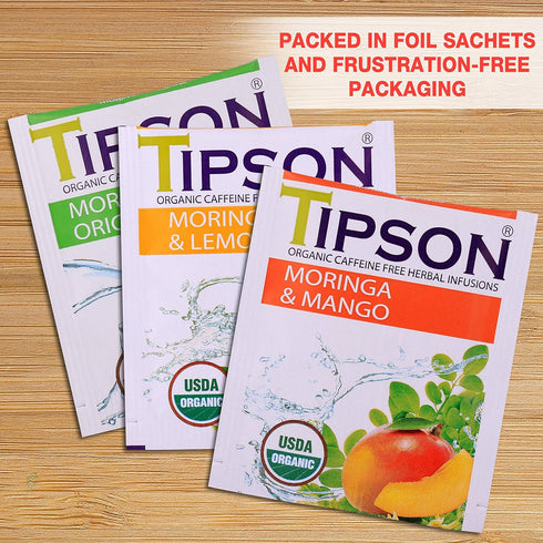 Tipson Organic Moringa Caffeine Free Herbal Tea - Mango Flavor - 25 Premium Double Chambered Bags -Superfood Tea - Keto/Paleo Diet Compatible...