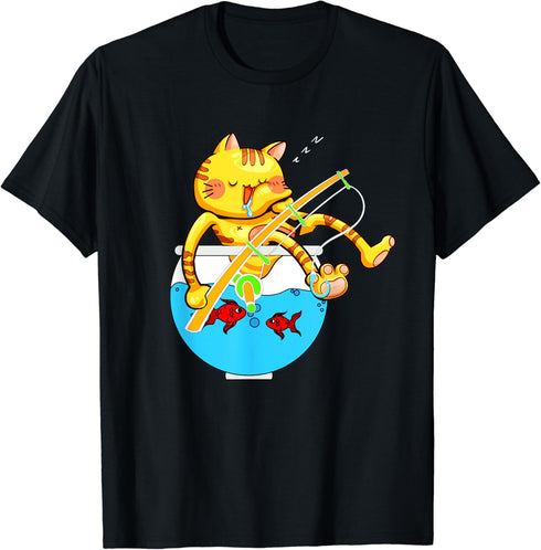 Sleeping Cat Aquarium Fish Bowl Fishing Pole Pet Lovers T-Shirt...