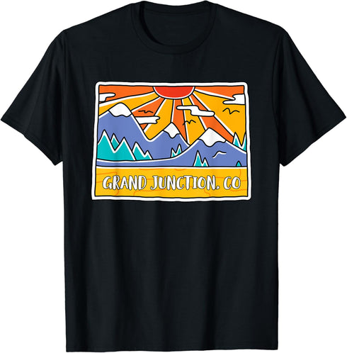 Grand Junction, CO Colorado Mountains Outdoor art retro suns T-Shirt...