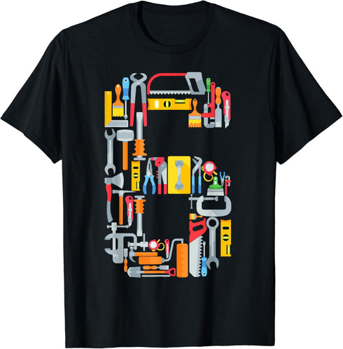 Fun 6th Birthday Construction Themed Building Tools 6 Yr Old T-Shirt...