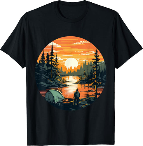 Camping Tent Outdoors Mountains Vintage Sunset T-Shirt...