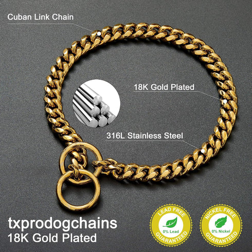 18K Gold Chain Dog Collar 10MM Cuban Link Chain Stainless Steel Metal Links Walking Training Collar for Small Medium Large Dogs 10in to 30in...