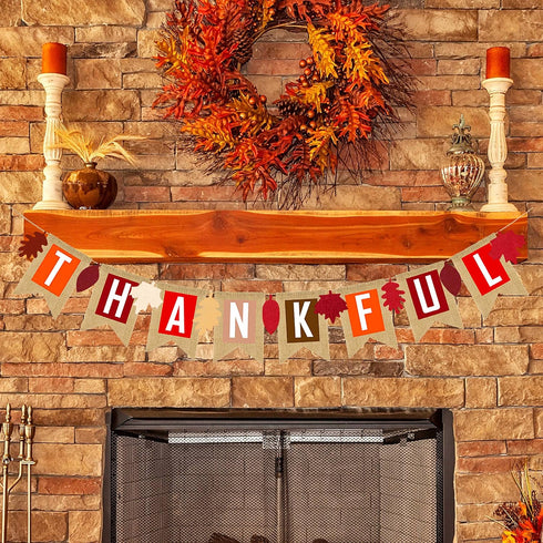 Thankful Burlap Banner Fall Autumn Maple Leaves Rustic Burlap Harvest Banner Mantel Fireplace Wall Hanging for Home Office School Party Decor Than...