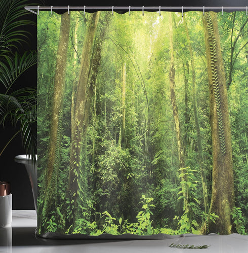 Ambesonne Rainforest Decorations Shower Curtain Set, Tropical Rainforest Landscape Malaysia Asia Green Tree Trunks Uncultivated Wood, Bathroom Acc...