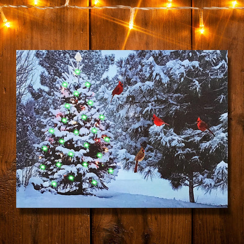 BANBERRY DESIGNS Lighted Christmas Tree & Cardinal Birds LED Canvas Print - Snowy Winter - Forest Pine Trees - Winter Scene Wall Art Measures 15.7...