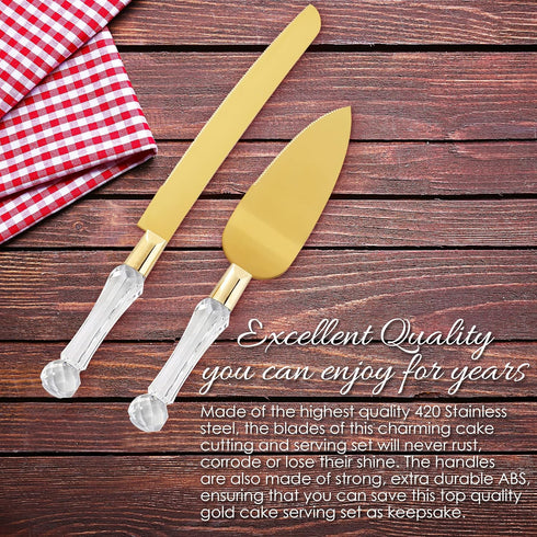 Wedding Cake Knife and Server Set Gold, Cake Cutter and Pie Spatula, Cake Server and Knife Set of 2 with Crystal Handles, 1.2mm Thick Blades, Cutt...