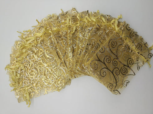 100pcs Sheer Organza Favor Bags For Wedding Baby Shower Rattan Print Gift Bags Samples Display Drawstring Pouches (3x4 inch, gold)...