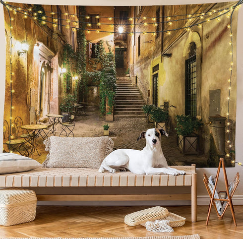 Ambesonne Cityscape Tapestry, Courtyard Night View with Street Cafe Chairs Plants in Flowerpots Rome Print, Wide Wall Hanging for Bedroom Living R...
