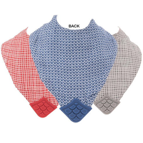 Nuby Reversible 100% Natural Cotton Muslin 3 Piece Teething Bib, Grey/Red/Blue, Arrows/Red Stripes/Elephants...