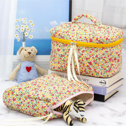 PAZIMIIK Cotton Makeup Bag for Women Large Quilted Travel Cosmetic Case Girls' Make Up Organizer,Little Flower...