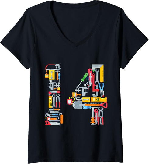 Womens 14th Birthday Construction Building Tools Boys 14 Years Old V-Neck T-Shirt...