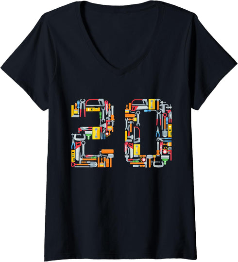 Womens 20th Birthday Construction Building Tools Mens 20 Years Old V-Neck T-Shirt...