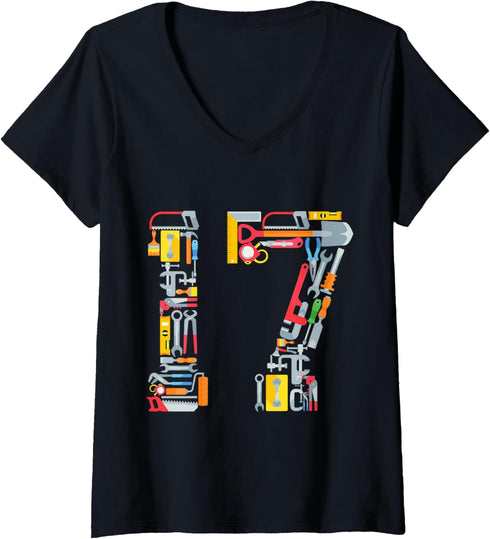 Womens 17th Birthday Construction Building Tools Boys 17 Years Old V-Neck T-Shirt...