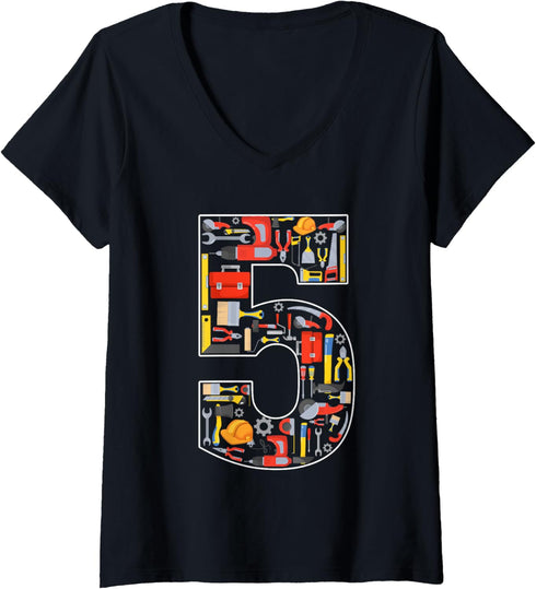Womens 5th Birthday Construction Building Tools Kids 5 Year Old V-Neck T-Shirt...