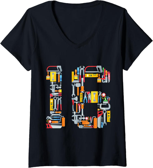 Womens 16th Birthday Construction Building Tools Boys 16 Years Old V-Neck T-Shirt...