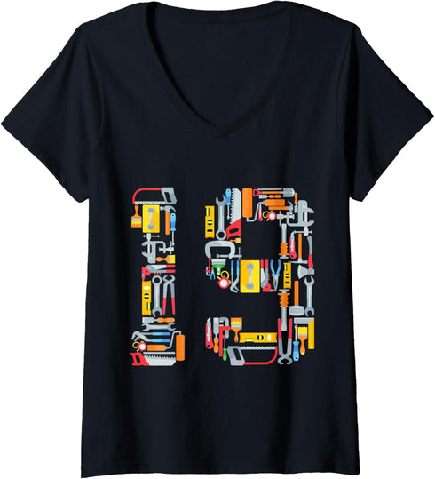 Womens 19th Birthday Construction Building Tools Mens 19 Years Old V-Neck T-Shirt...