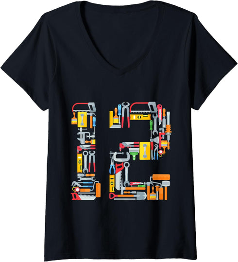 Womens 12th Birthday Construction Building Tools Kids 12 Years Old V-Neck T-Shirt...