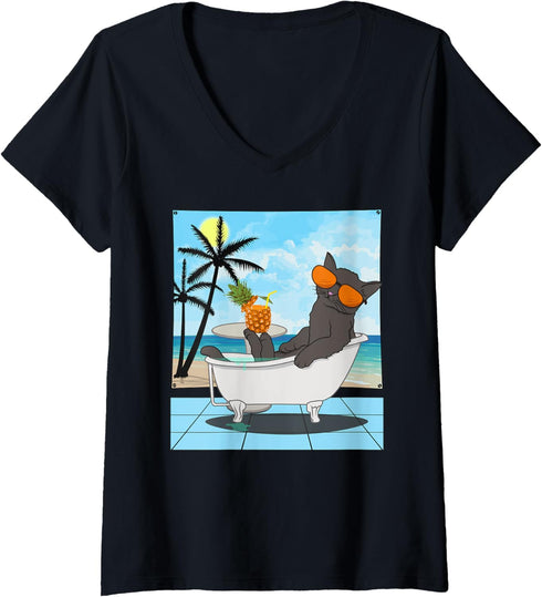 Womens Funny Gray Cat Vacation In The Bathtub Cute Cat Lovers V-Neck T-Shirt...